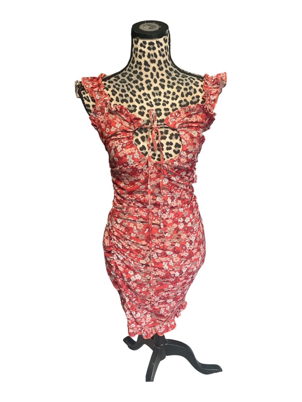 Floral Tie-Front Ruched Midi Dress in Red